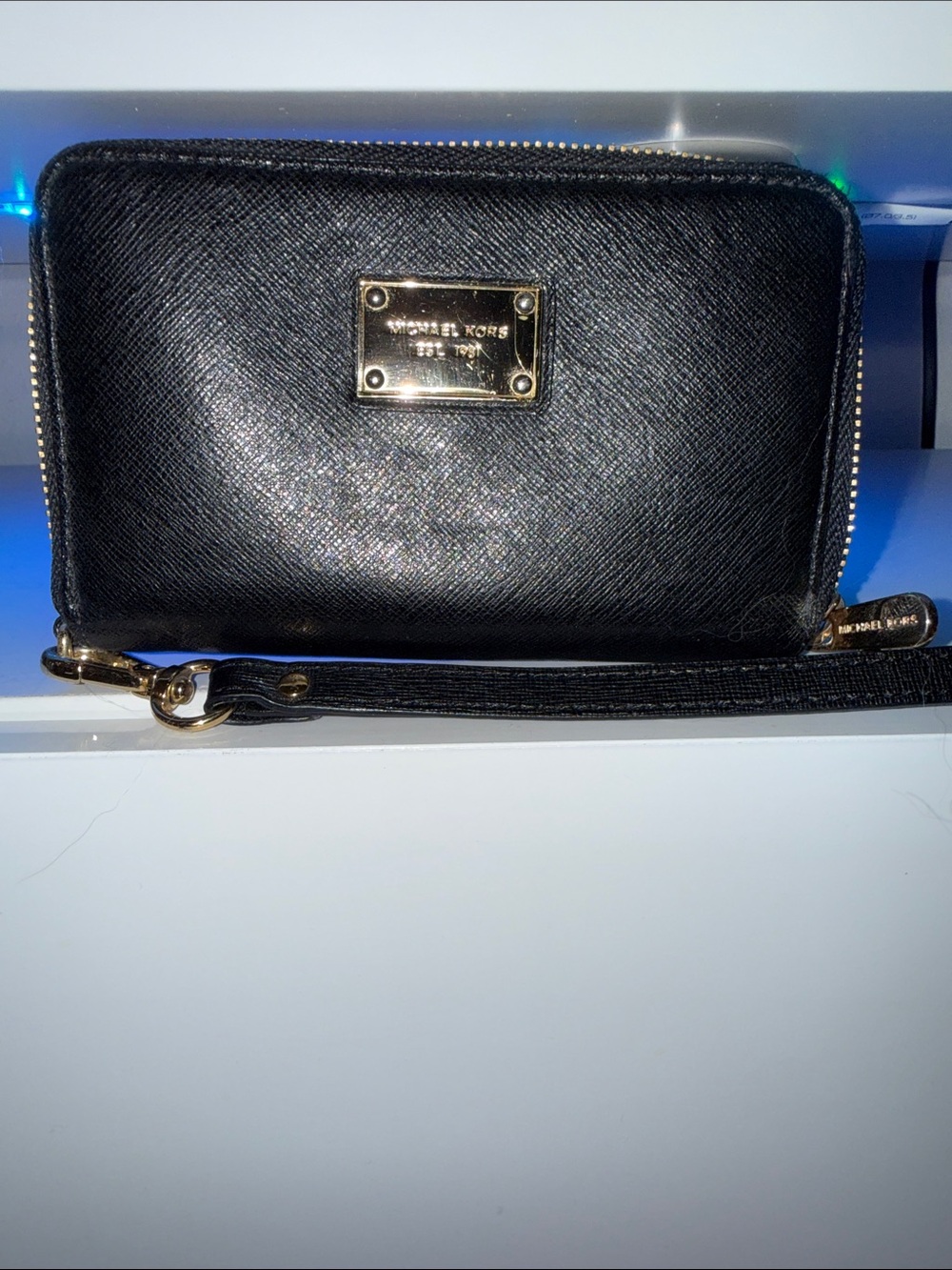 Michael Kors Black Saffiano Leather Zip Wristlet with Gold Plaque